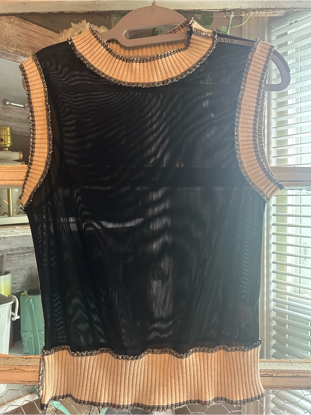 Gilded Intent | Black Sheer Tank with Tan Ribbed Trim